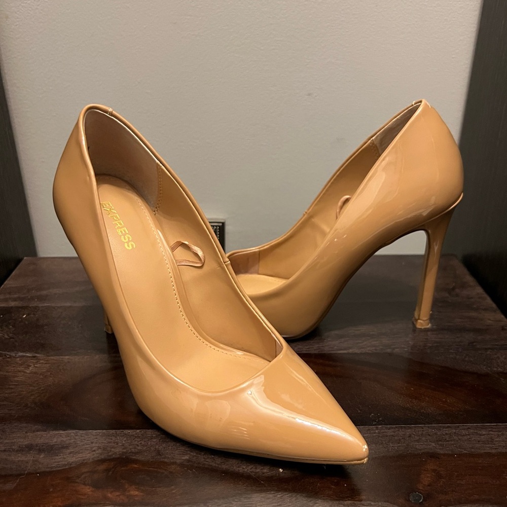 “Express” patented camel size 7 heels; used once; great condition, 4 in heels
